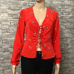 INTERMIX  Front Tie Red Print Silk Top Size 0 NWTOT  (W752)